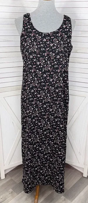 Vintage 90s Y2K Kathie Lee Floral Sleeveless Shift Maxi Dress Black Pink Medium thumbnail 1