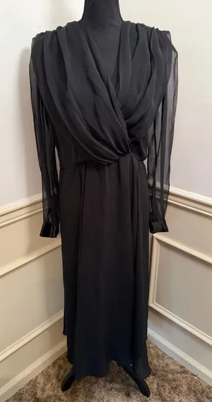 Vintage Ursula of Switzerland Black Georgette Crossover Evening Gown Midi Dress thumbnail 1