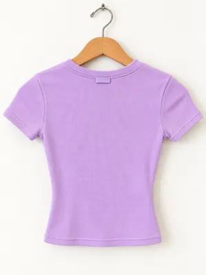 SKIMS Lavender Ribbed Fitted Crewneck Cropped Top XS Stretch Short Sleeve Lounge thumbnail 4