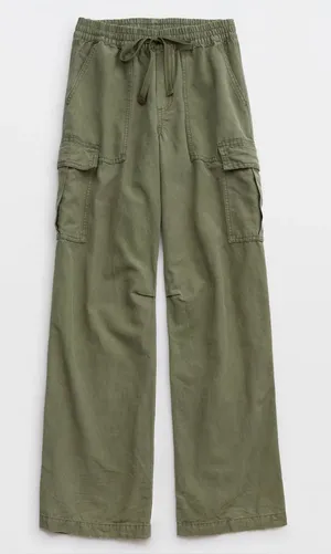 Aerie olive fun Village Cargo Pants jeans drawstring pockets wide leg mid rise thumbnail 1