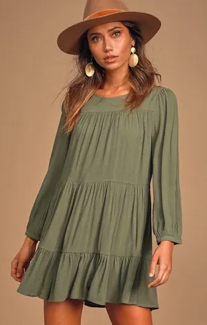 Lulus Olive Green Tiered Long Sleeve Mini Dress Women’s Small Boho Ruffle Hem thumbnail 1