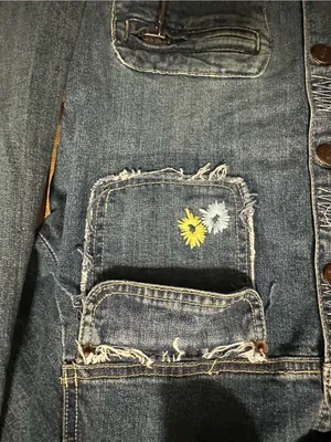 Blue Asphalt Vintage Denim Jacket Large Embroidered Flower Plaid Trim Y2K Cut thumbnail 3