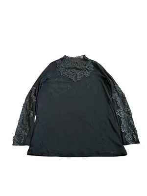 Black High Neck Long Sleeve Top Embroidered Rhinestones Gothic Romantic Witchy thumbnail 3