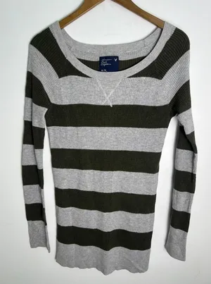 American Eagle Outfitters Striped Thermal Sweater Olive Gray XL Y2K Collegiate thumbnail 1