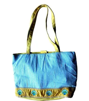 Quacker Factory Resort Blue White Seersucker Seashell Tote Bag Yellow Tr… thumbnail 6