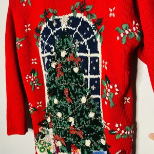 Vintage 90s Metropolitan New York Red Ugly Tree Bows Candy Cane Sweater Size S thumbnail 6