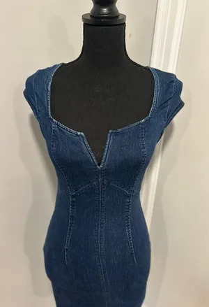 Free People Denim Mini Dress SzS Y2K Bodycon Sweetheart Dark Wash flutter sleeve thumbnail 1