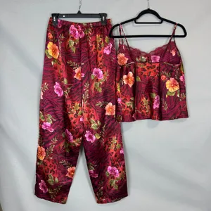 Sophia Delicates 2Pc Satin Pajama Set M Burgundy Floral Animal Print Lace Cami thumbnail 2