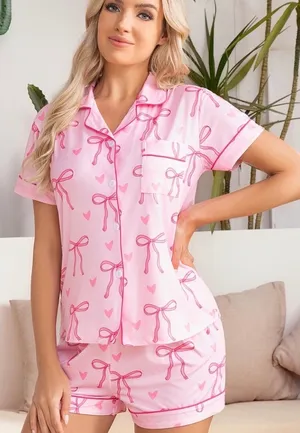 NIB Pink Bow and Heart Print Satin Pajama Set Short Sleeve Button Down Shorts S thumbnail 1