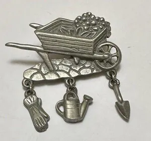 Signed LCD Gardening Wheelbarrow Garden Cart Pewter Silver Tone Brooch Pin thumbnail 1
