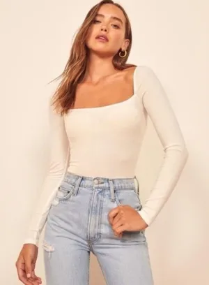 💕REFORMATION💕 Gaia Bodysuit ~ Square Neck Ribbed Long Sleeve White XL NWT thumbnail 3