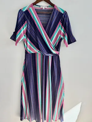 Chaus Women Striped Faux Wrap Midi Dress Large Multi Color Retro Preppy Top thumbnail 5