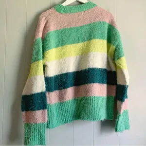 A new day Fuffy Striped Green & Pink Mock Neck Sweater L thumbnail 2