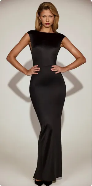 Oh Polly Hivera Satin Boat-Neck Twist-Back Maxi Dress in Black Size XS New thumbnail 1