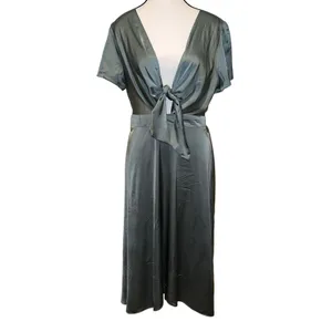Baltic Born Poppy Satin Midi Dress Dark Sage Green V-Neck Peek Tie Front Size L thumbnail 2