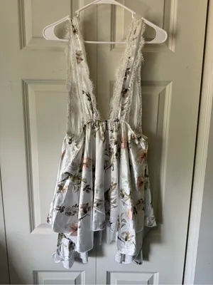 Floral Deep-V Satin Women’s Tank Top - White with Pink & Green Floral thumbnail 3