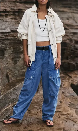 NWT Free People We The Free Brentwood Slouchy Cargo Pants- ebb and flow blue - 0 thumbnail 1