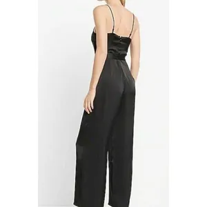 Express Black Satin Cowl Neck Wide Leg Tie‎ Waist Spaghetti Strap Jumpsuit thumbnail 2