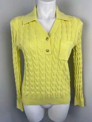Talbot's Yellow Cable Knit Johnny Collar Pullover Sweater Preppy Old Money Small thumbnail 1