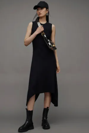 AllSaints Gia Black Asymmetric Midi Dress Ribbed High Low Size 6 thumbnail 2