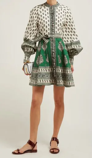 NWOT Zimmermann Green and White Printed Balloon-Sleeve Mini Dress thumbnail 1