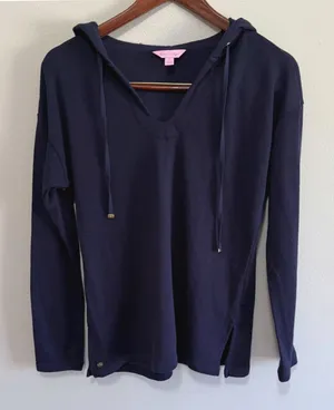 Lilly Pulitzer Navy Blue French Terry V-Neck Hudson‎ Pullover Hoodie Sz Small thumbnail 1