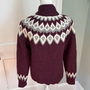 LL Bean Lambs Wool Knit Cardigan Sweater Zip Fair Isle Burgundy Small thumbnail 3