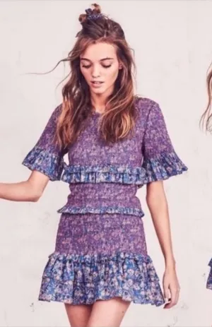 LoveShackFancy Aveline Pink Floral Ruched Ruffle Mini Dress thumbnail 1
