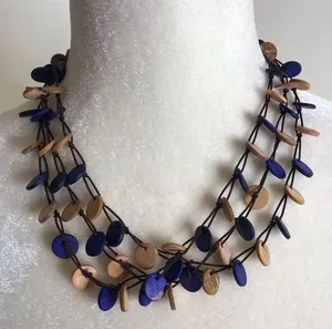 Triple strand earth tones flat wooden circle necklace rustic boho hippie thumbnail 1