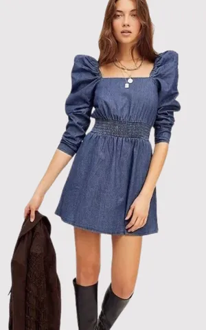 Free People Womens Dress Molly Mini Chambray Puff Sleeve Smocked A Line Large thumbnail 1