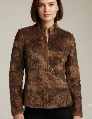 True Grit Dry‎ Goods Womens Brown Floral Fleece Full Zip Jacket Mock Neck Large thumbnail 1