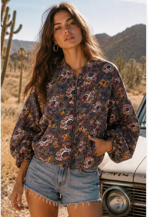 Free People Floral Bomber Jacket Balloon Sleeves Zip Front Boho Size Small thumbnail 1