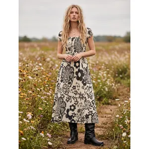 Free People Bohemian Ultraviolet Midi Maxi Dress Black White Floral Size XL thumbnail 2