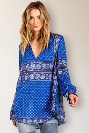Free People Changing‎ Time True Blue Floral Long Sleeve Tunic Top M Boho Peasant thumbnail 1