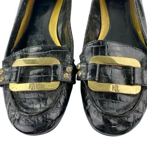 Ralph Lauren Women's Black Gold Logo Croc Leather Chain Slip On Loafers Shoes 6M thumbnail 5