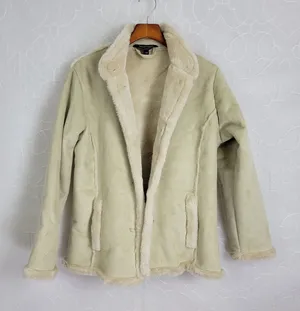 Denver Hayes Womens Winter Jacket Large Beige Green Faux Mock Neck Button Pocket thumbnail 1