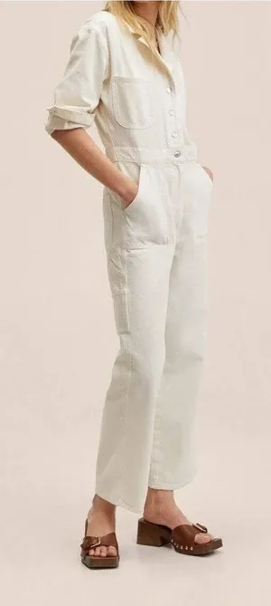 NWT Mango Buttons Denim Jumpsuit Cream White L thumbnail 1