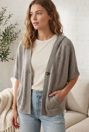 VTG Y2K Hollister Hooded Short Sleeve Shrug Cardigan Tan. Size Large. thumbnail 1