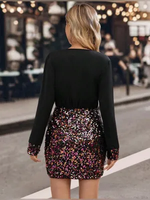 SheIn Black Long-Sleeve Sequin Mini Dress-Large / Size 8-10 thumbnail 2