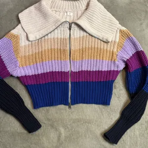 Women's Chunky Knit Colorblock Ribbed Knit Full Zip Sweater Size S Cropped Retro thumbnail 6