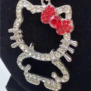 Rhinestone Hello Kitty Pendant Necklace with Red Bow and Silver Chain thumbnail 3