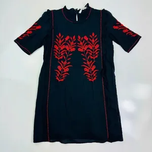 Zara Embroidered Dress Floral Ruffle Trim Black Red Short Sleeve Size‎ XS thumbnail 3