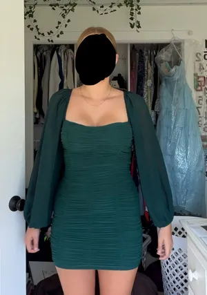 Hello Molly Dark Green Ruched Sheer Sleeve Bodycon Mini Dress thumbnail 1