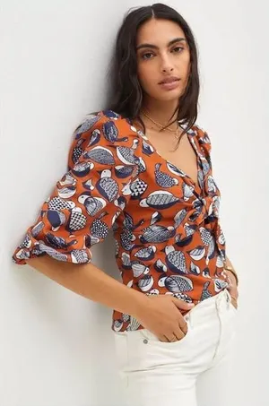 ANTHROPOLOGIE EVA FRANCO Tropical Birds‎ Blouse Sweetheart Neckline Puff Sleeve thumbnail 1