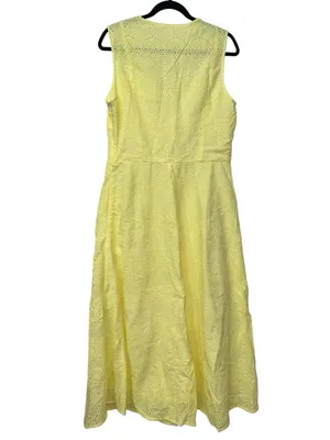 Commense Cotton Yellow Eyelet Midi Dress Scalloped V-Neck Sleeveless NWT Large thumbnail 3