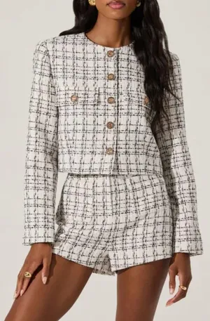 ASTR THE LABEL Tweed Crop Jacket in White Black Size Small thumbnail 1