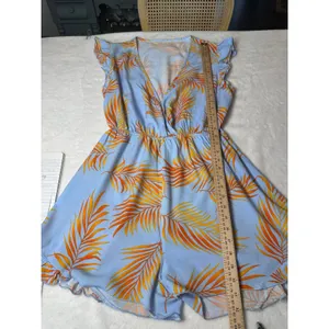 Cupshe Womens Tropical Palm Leaf Jumpsuit Blue Orange V-Neck Ruffle Hem Size M thumbnail 4