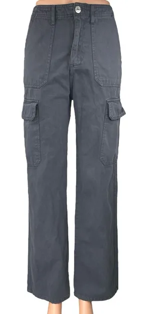 Zara Women's Gray Straight Wide Leg High Rise Cargo Trousers Denim Jeans Pants 2 thumbnail 1