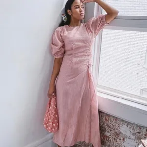 Zara Gathered Waist Puff Sleeve Pink Plaid Midi Dress S Style 4786/056 thumbnail 10