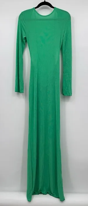 Dramatic Cowl-Neck Draped Back Maxi Dress Medium Green Long Sleeve Formal Sexy thumbnail 1